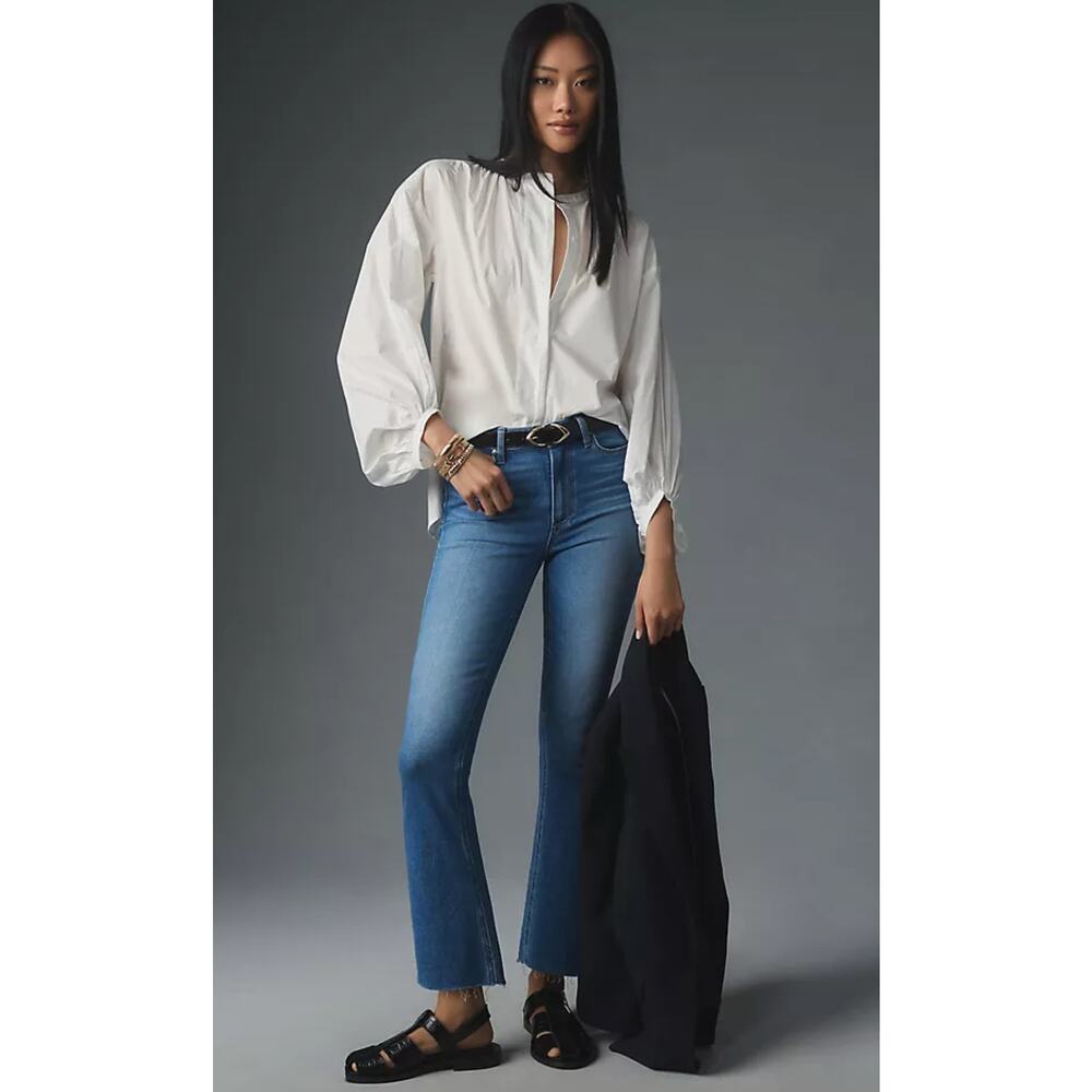 PAIGE Colette Mid-Rise Crop Flare Jeans Size 27 Raw Hem Stretch Ankle Fray Denim